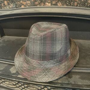 Plaid Fedora Hat - Gray and Red